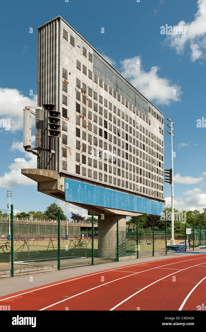 Olympic score board and Tannoy system on a sunny day between showers Stock Photo