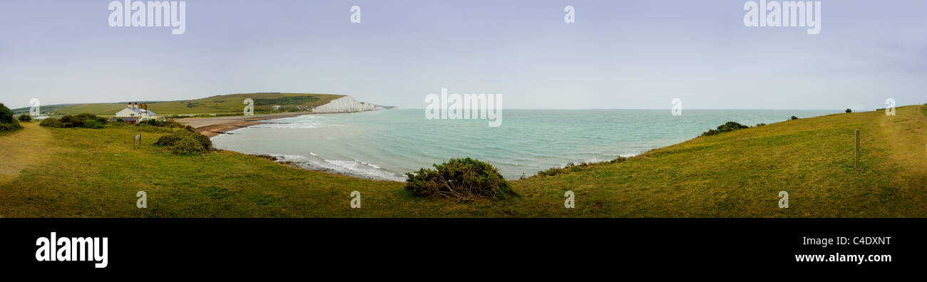 180 degree panoramic view of Cuckmere Haven and the Seven Sisters cliffs in East Sussex Stock Photo
