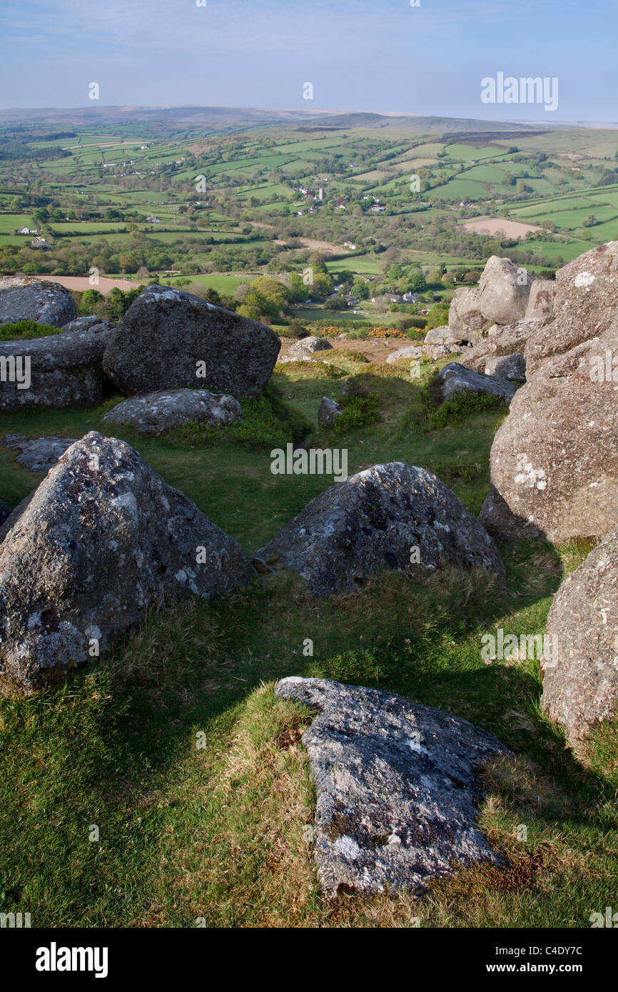 View to Widecombe village from Bell Tor on Dartmoor Stock Photo
