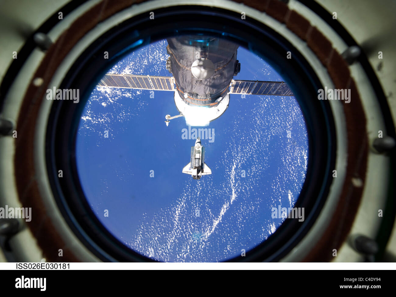 Space shuttle Discovery as viewed from the International Space Station Stock Photo