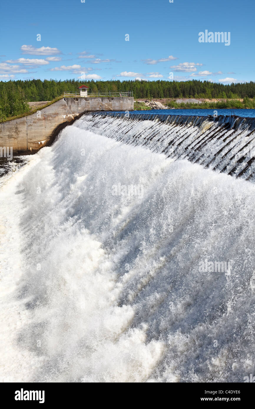 Owerflow of water on the man-made storage pond in Karelia, Russia. Semi-lake reservoir in the White Sea-Baltic Canal Stock Photo
