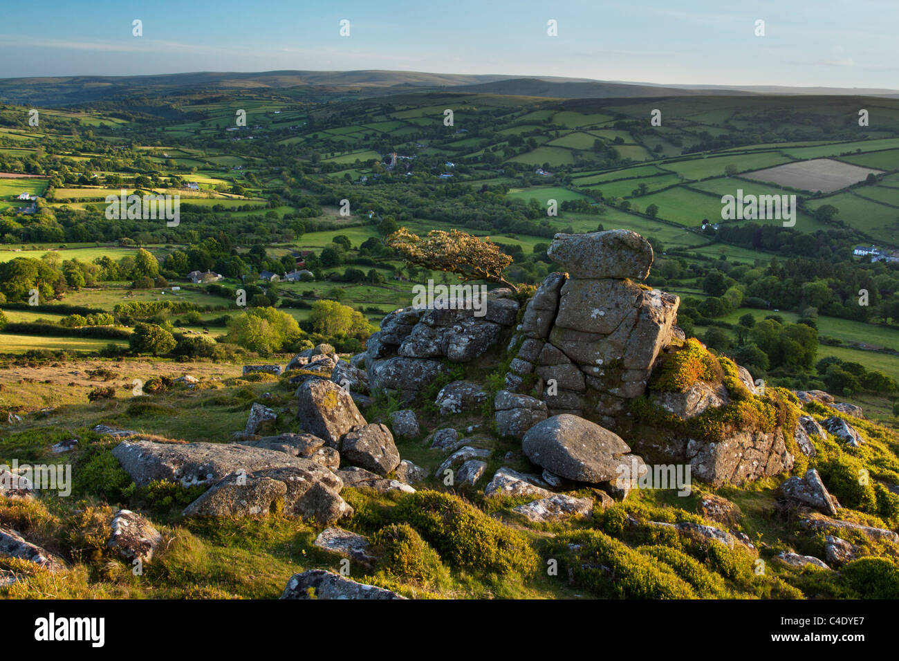 View from Chinkwell Tor on Dartmoor to Widecombe village Stock Photo