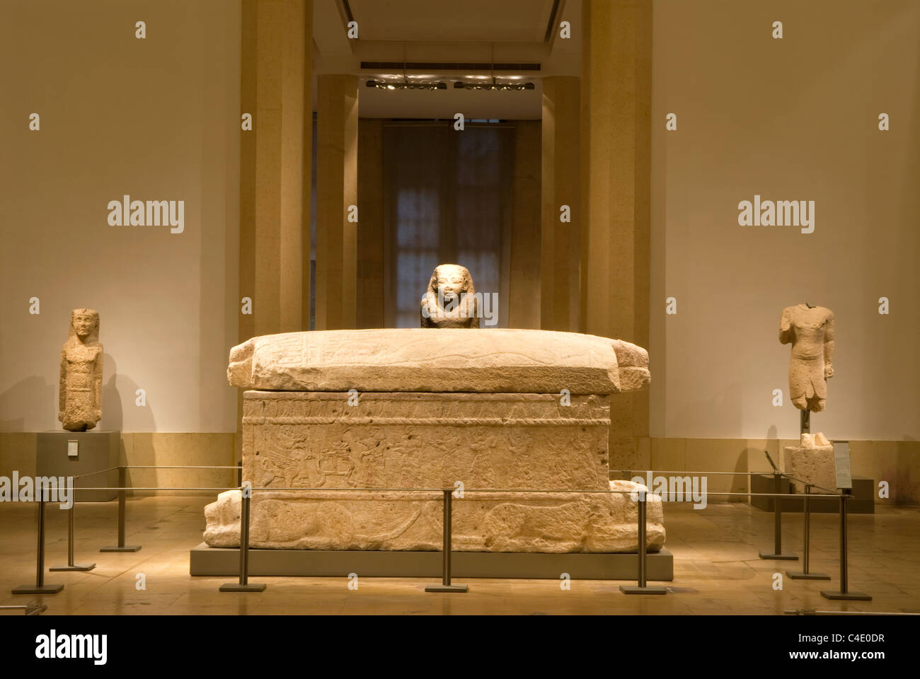 Ground floor of the National Museum, Beirut, Lebanon. King Ahiram of Byblos sarcophagus containing the earliest known alphabet... Stock Photo