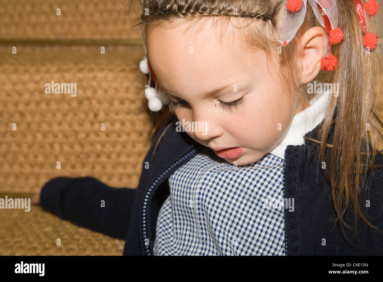 4 years old schoolgirl in gingham dress, summer school uniform Stock ...