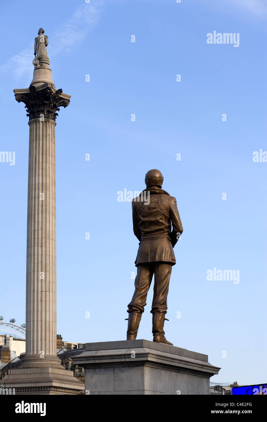 Statues Sir Keith Park by Les Johnson and Lord Nelson,Trafalgar Square, London, England, UK, Europe Stock Photo