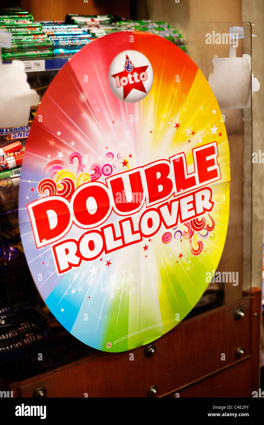 Lottery Double Rollover sign advertisement in newsagents, Baker Street London, England, UK, Europe Stock Photo