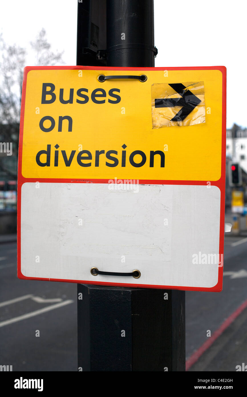 Buses on diversion London sign, central London, England, UK, Europe Stock Photo