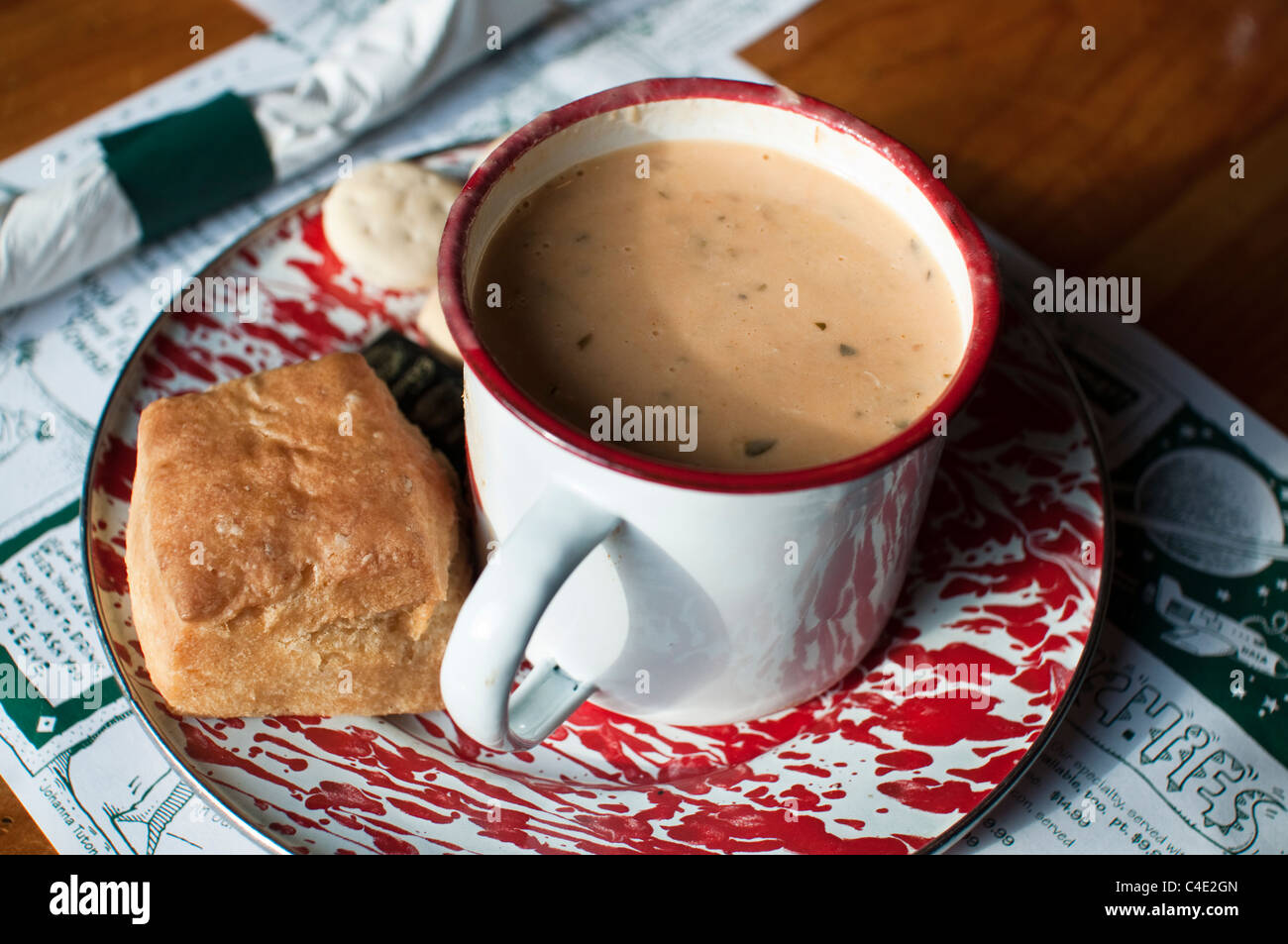 A large mug of 'seafood special' chowder from the famous Cappy's Chowder House in Camden, Maine, New England, USA. Stock Photo