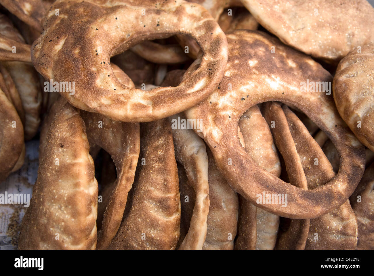 Ka'ik (bread with sesame seeds) on sale in Sidon, southern Lebanon. Stock Photo