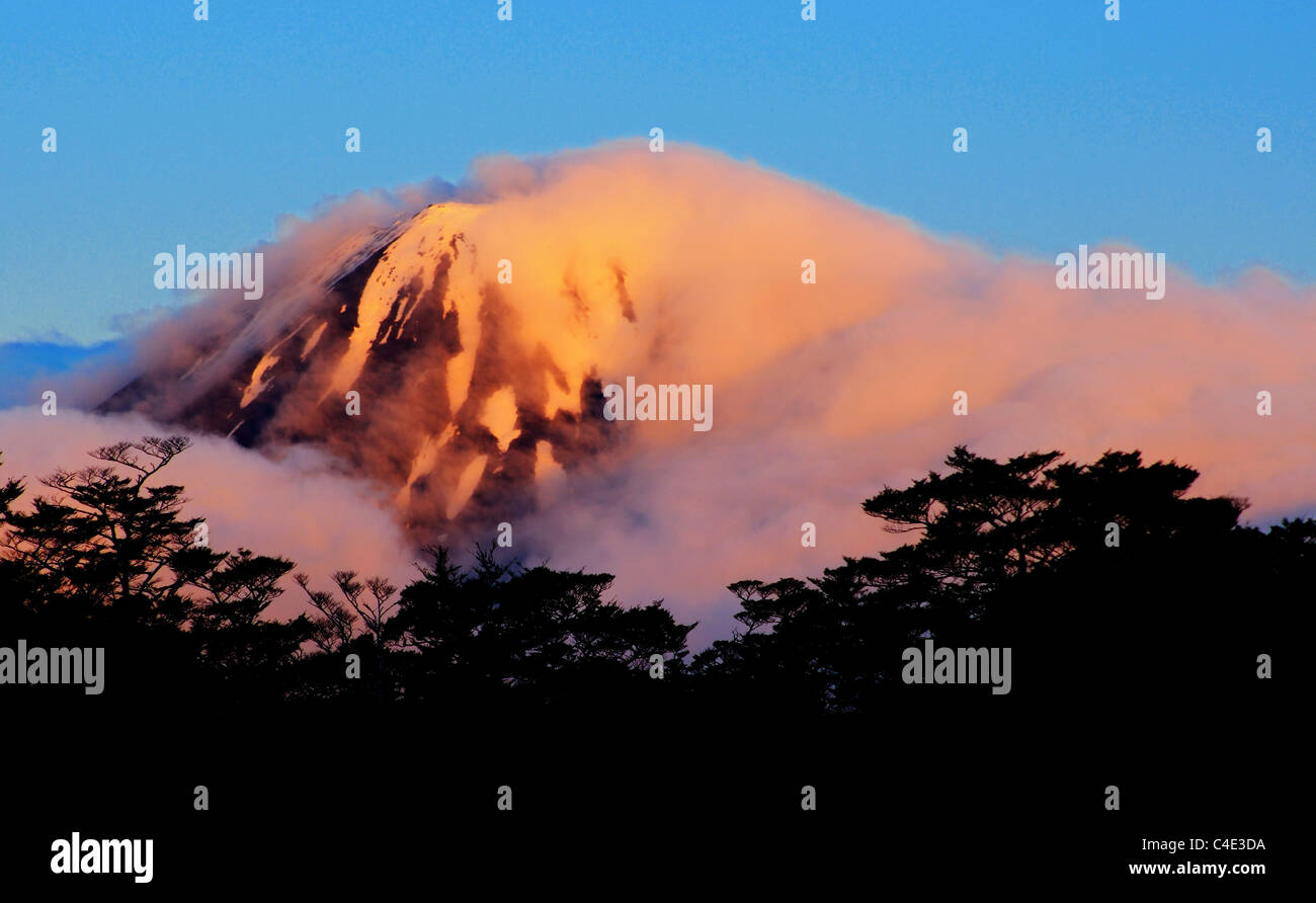 Sunset on Mt Ngauruhoe or Mount Doom in New Zealand Stock Photo