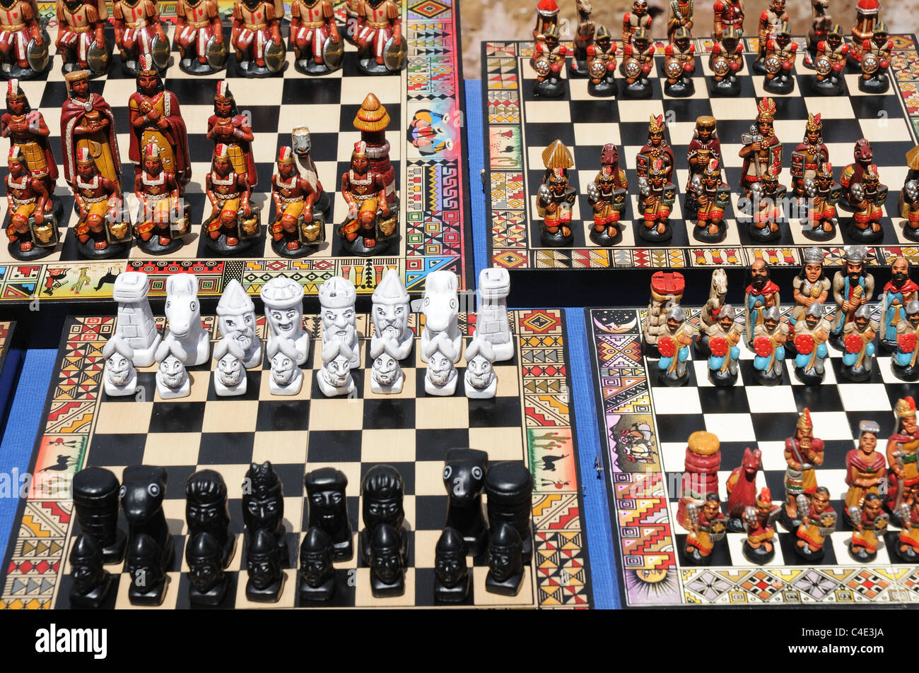 Souvenir Inca chess sets for sale on the market at Pisac near Cusco Stock Photo