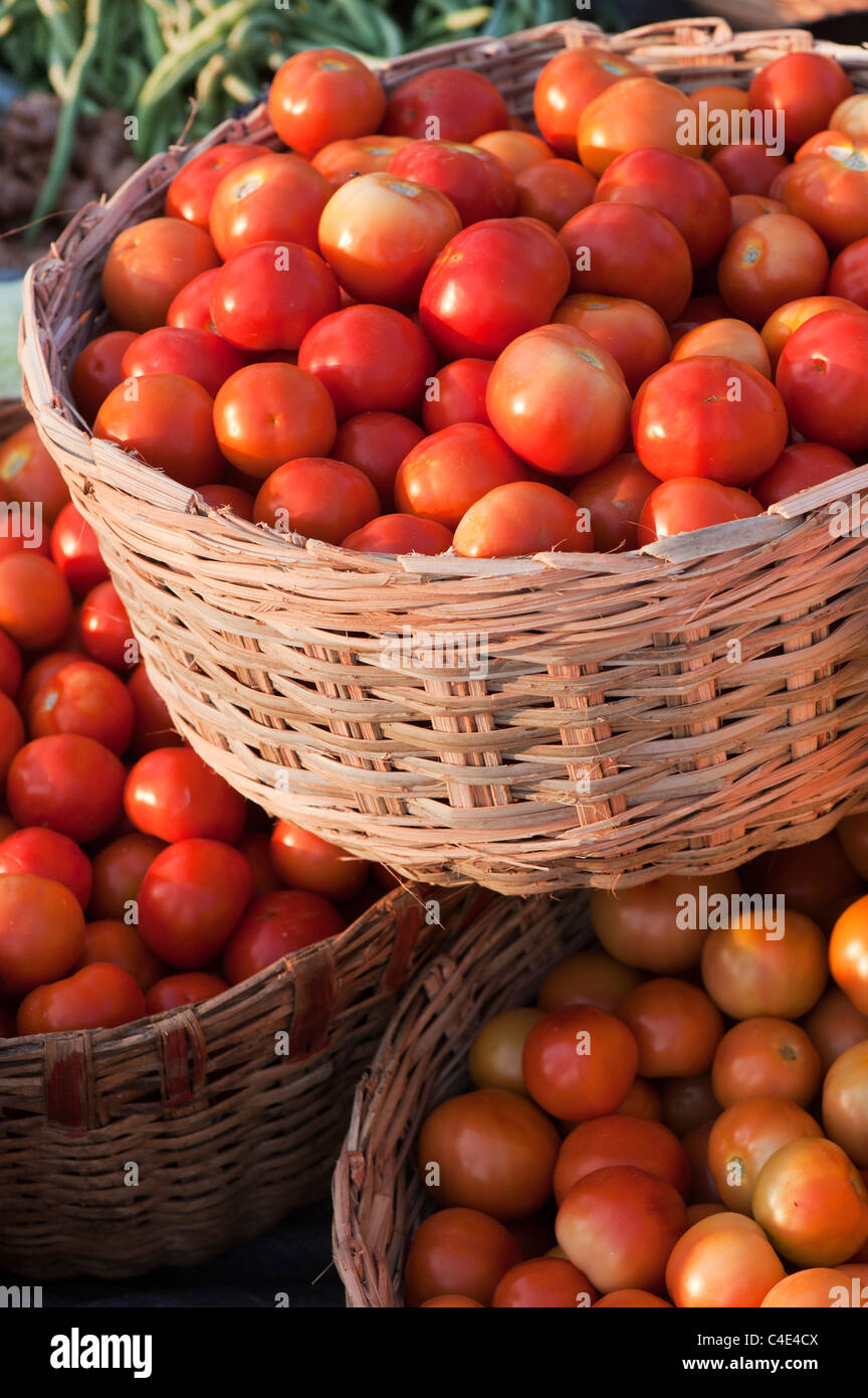 Tomatoes in baskets at an Indian market Stock Photo - Alamy