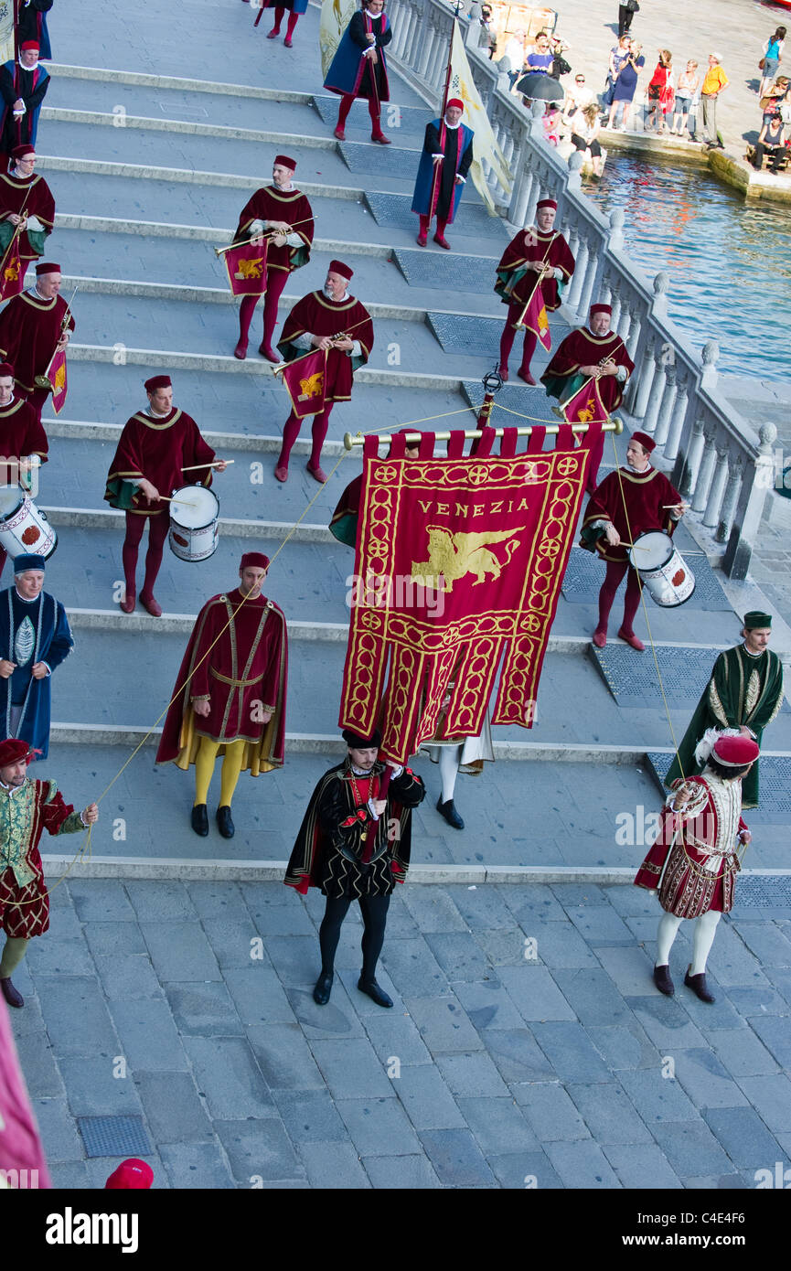 Historical parade  with members dressed in costumes. at the Palio delle Antiche Repubbliche Marinare 2011 Venice Italy Stock Photo