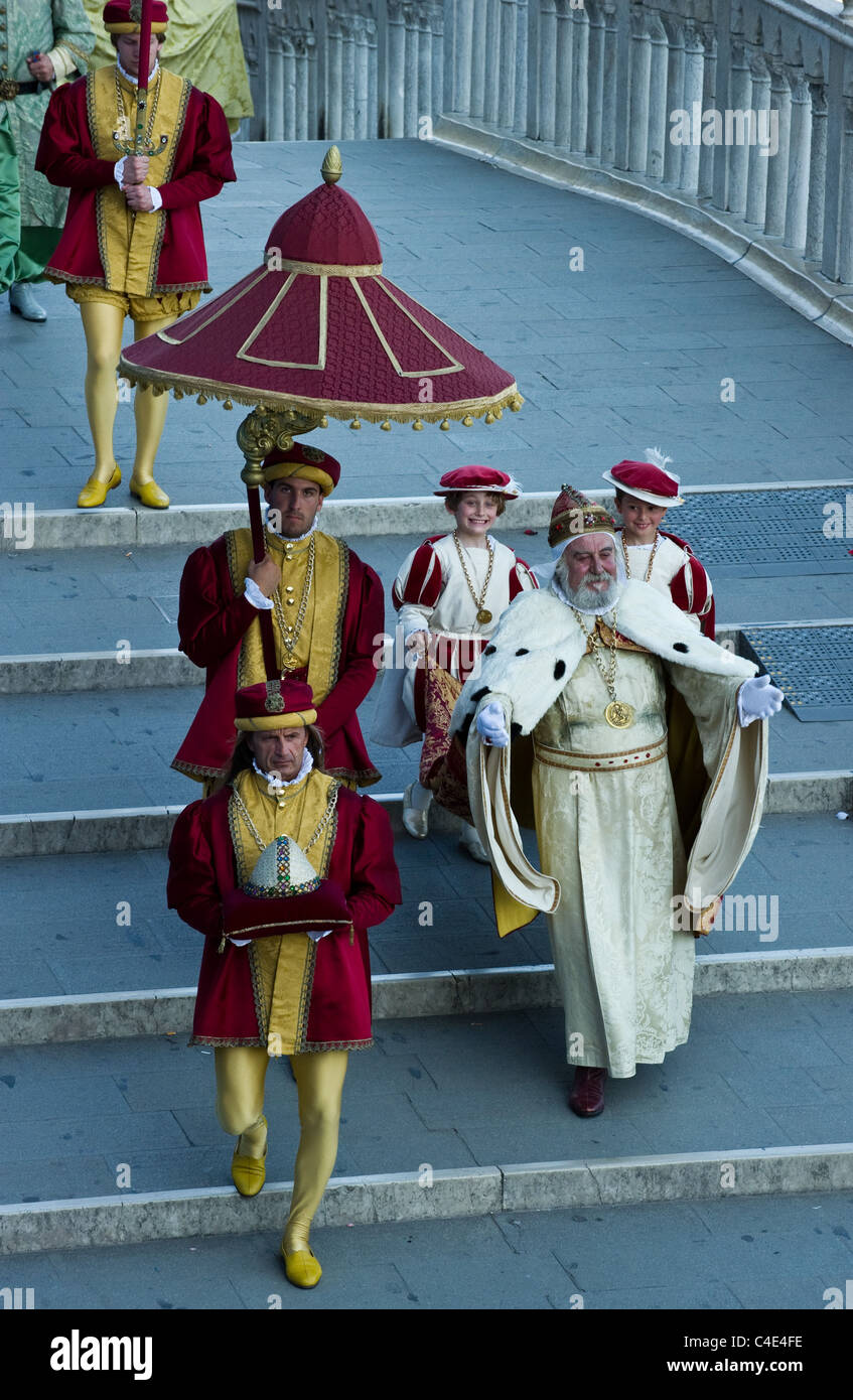 Historical parade  with members dressed in costumes. at the Palio delle Antiche Repubbliche Marinare 2011 Venice Italy Stock Photo