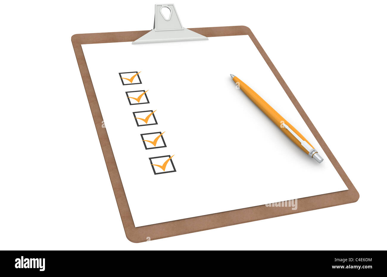 Checklist on Clipboard. Orange Marks and Pen Stock Photo