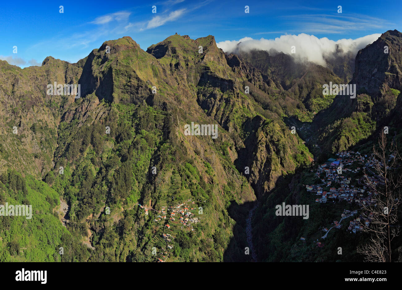 The mountain village of Curral das Freiras as seen from Eira do Serrado, Madeira. Stock Photo