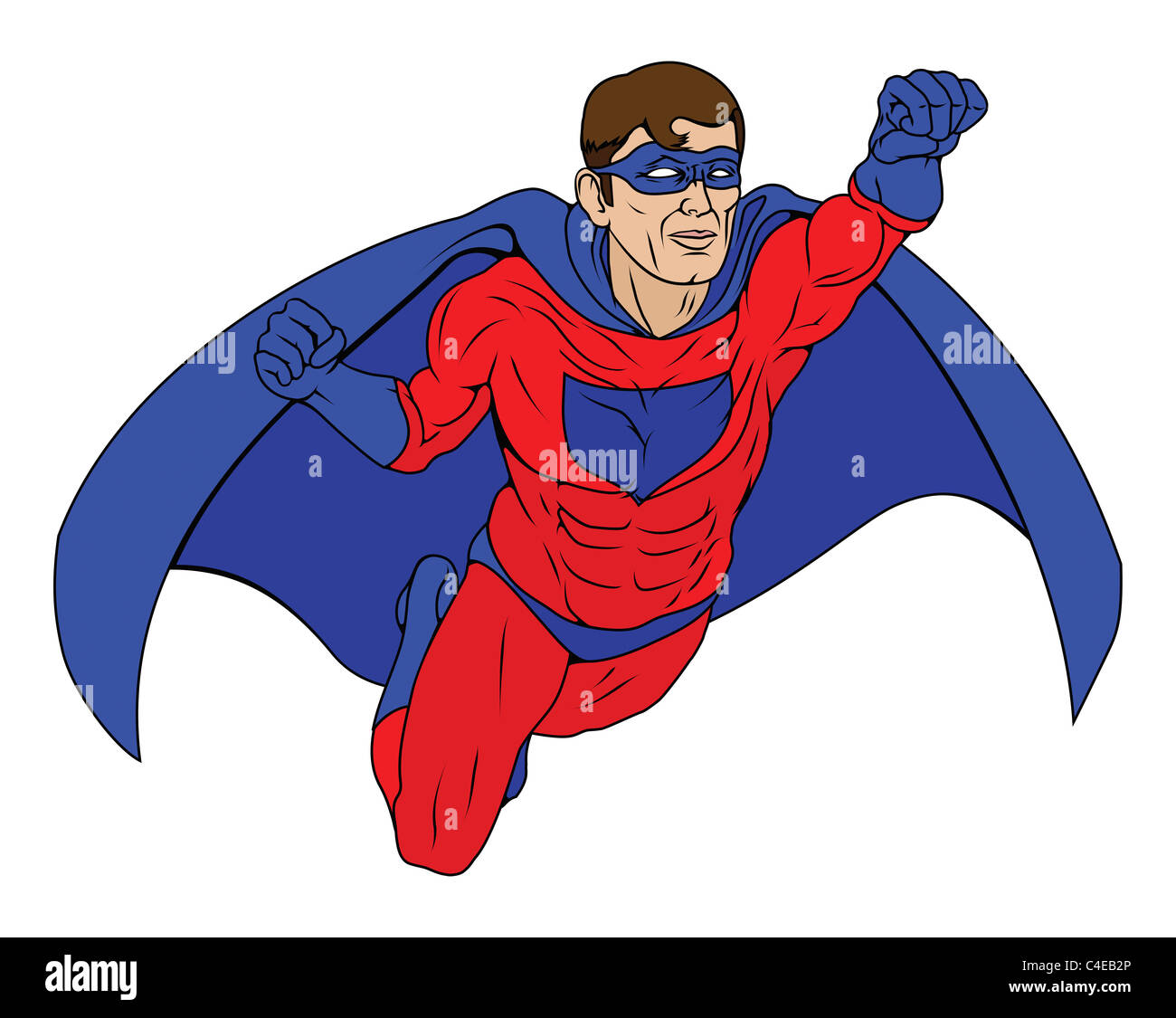 Illustration of a super hero man dressed in red and blue costume with cape flying through the air Stock Photo