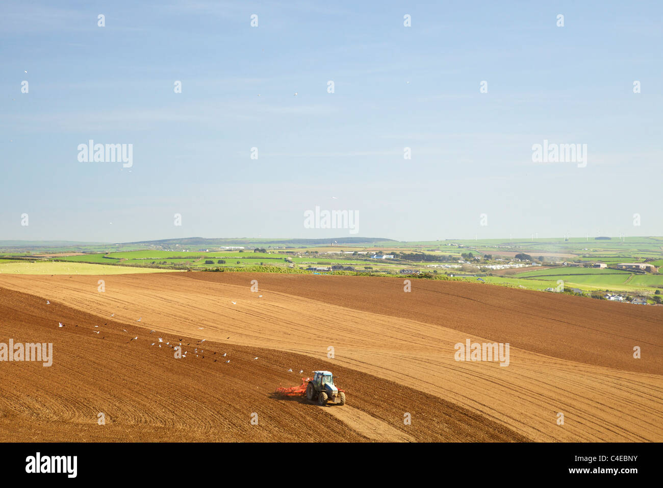 Farmer ploughing fields in spring sun, Pentire Headland, near Polzeath, North Cornwall coast, England, UK, GB, British Isles Stock Photo