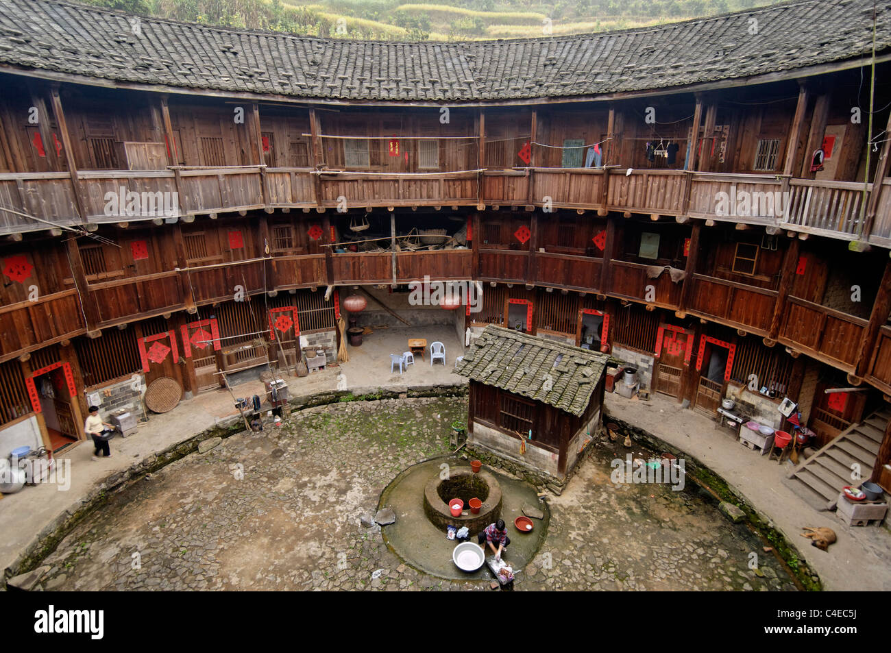 Interior of a 'tulou', a fortified Hakka clan house, in the Tianluokeng group, in Fujian Province, China. Stock Photo