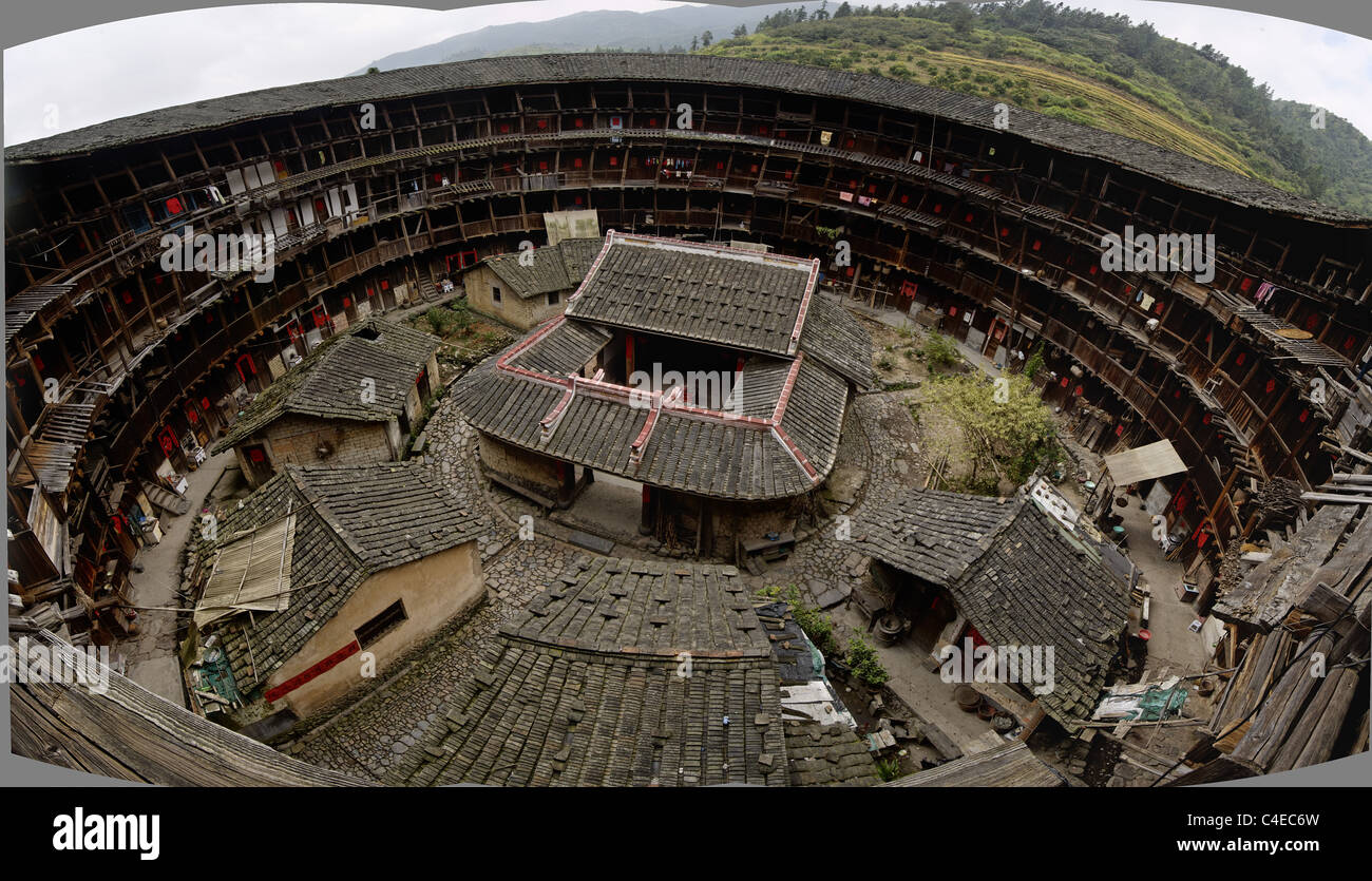The Yuchang Building, the oldest surviving tulou in China. Tulou are fortified, adobe (earth) Hakka clan houses. China Stock Photo