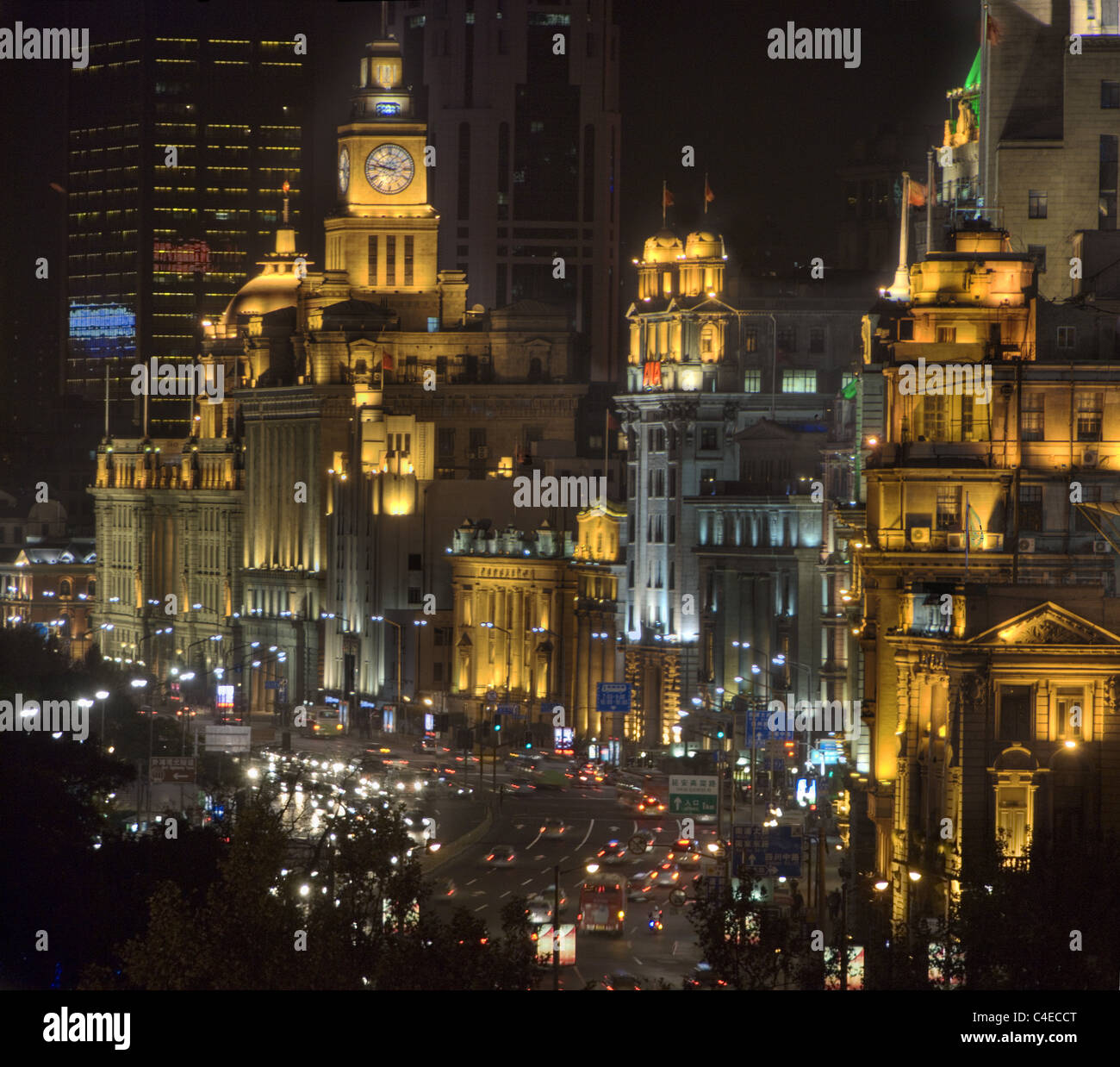 The Bund, Shanghai, fronting the Huangpu River, at night. China Stock Photo