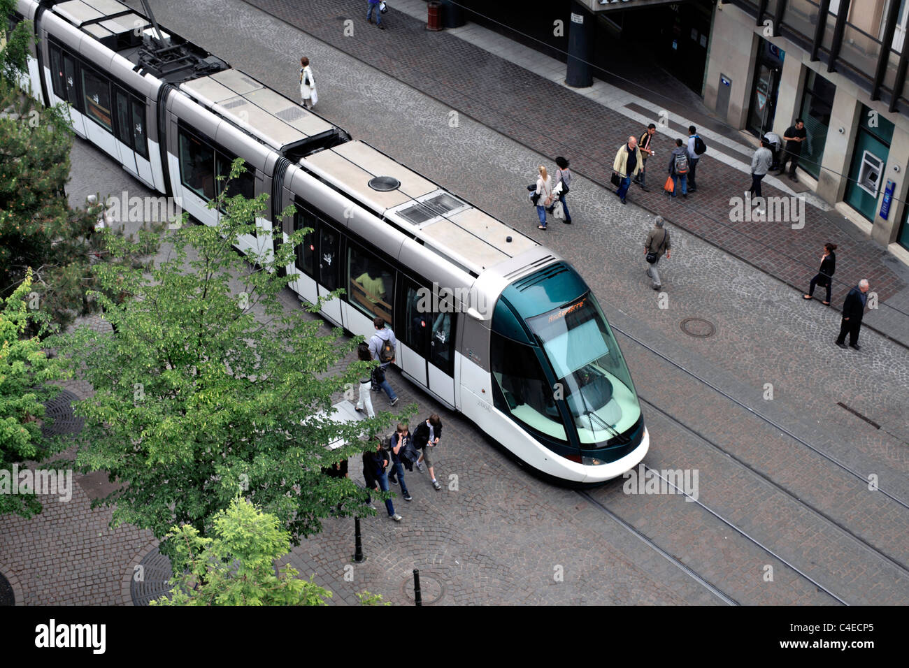 Tram on the Rue des Francs-Bourgeois in the centre of Strasbourg, France. Stock Photo