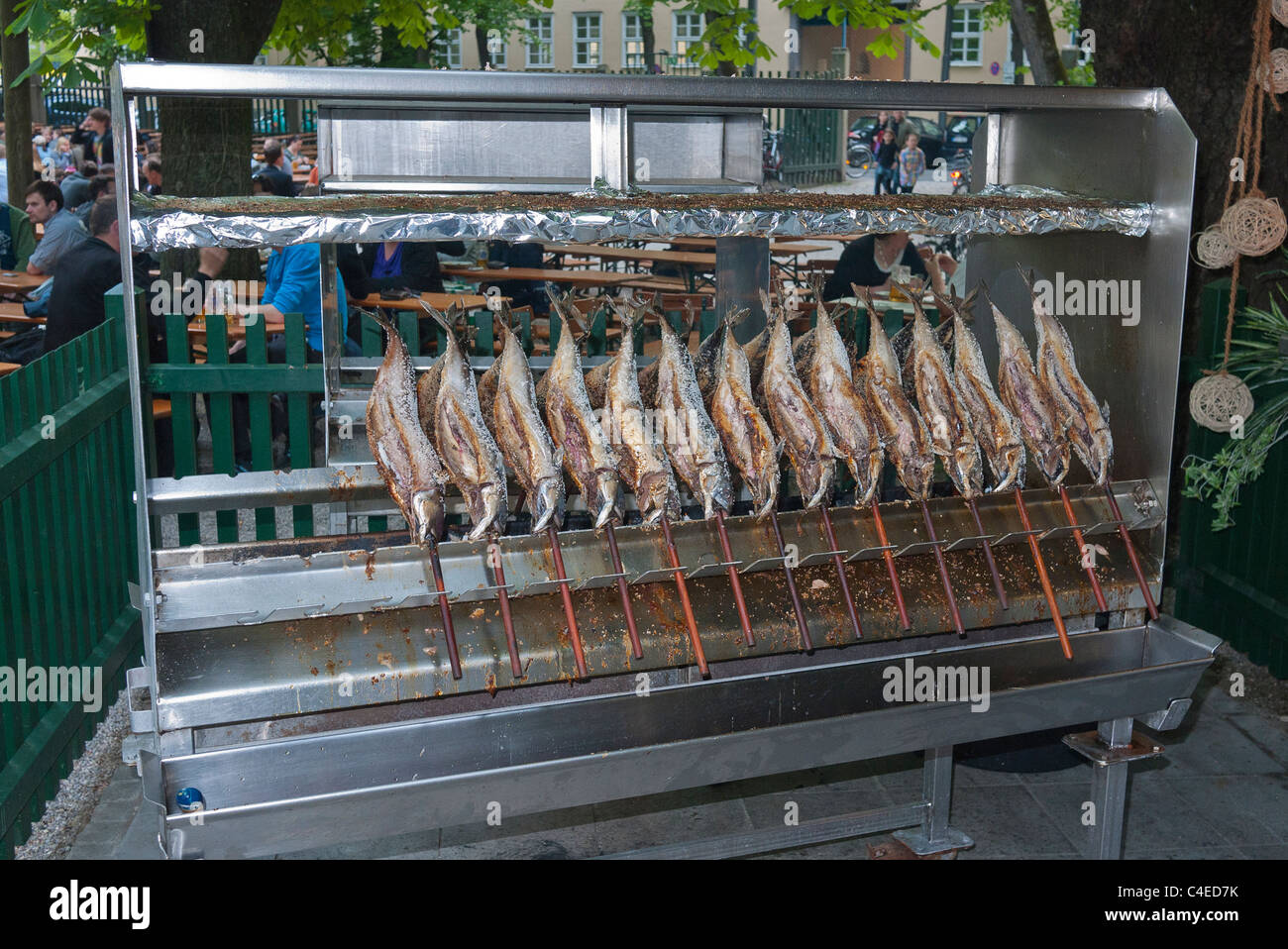 Smoked mackerels  are ready to serve at the Augustiner-Keller beer garden in Munich, Germany. Stock Photo