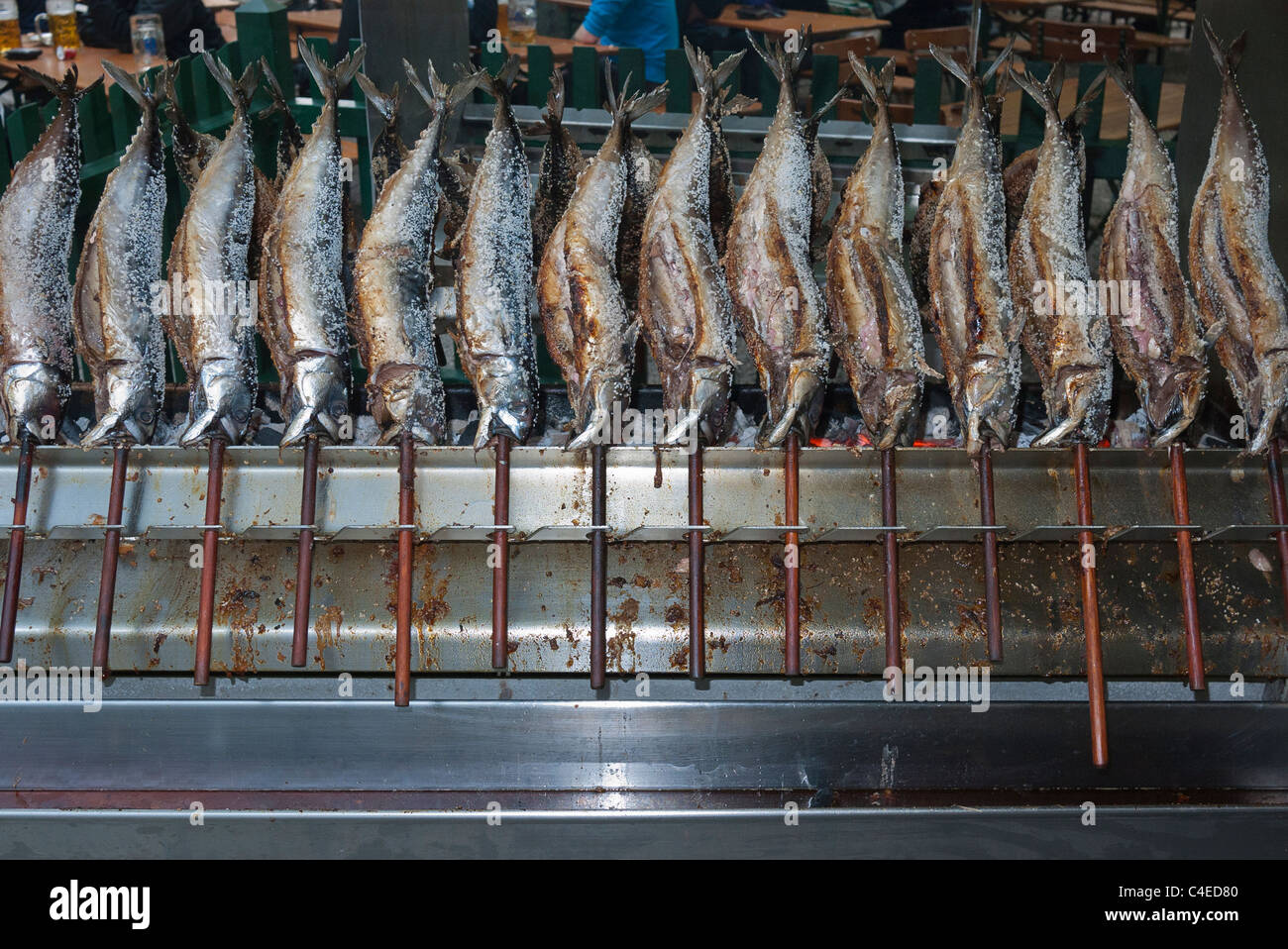 Smoked mackerels  are ready to serve at the Augustiner-Keller beer garden in Munich, Germany. Stock Photo