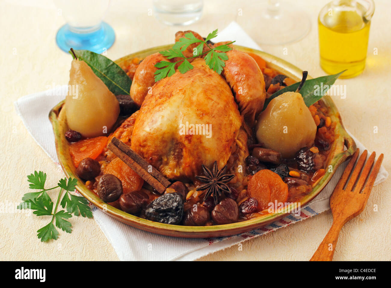 Roasted chicken with honey and nuts. Recipe available. Stock Photo