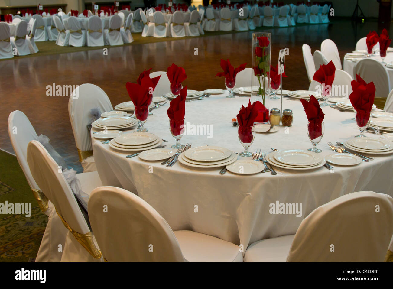 table set plates folk knife white banquet party Stock Photo