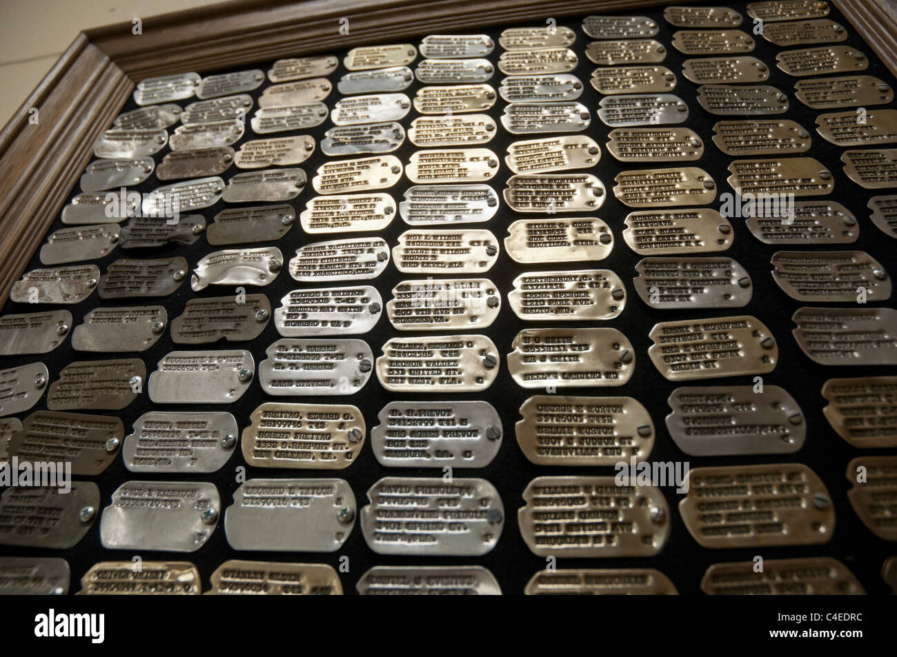 Florida Panhandle Carrabelle.  Collection of old military dog tags at Camp Gordon Johnston World War 2 Museum. Stock Photo