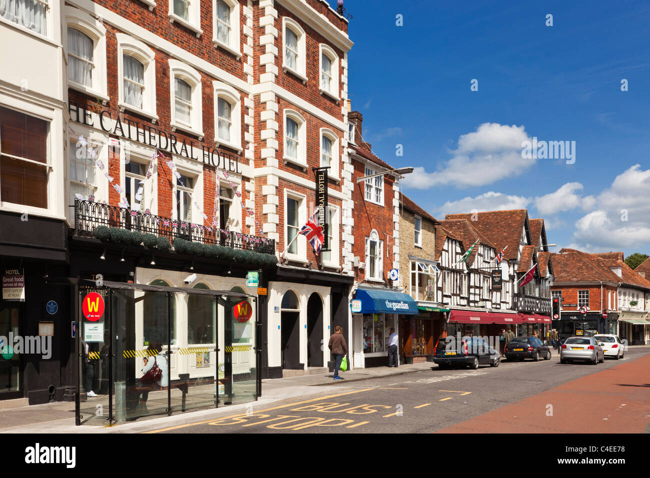 Cathedral Hotel and shops, Salisbury, Wiltshire, England UK Stock Photo