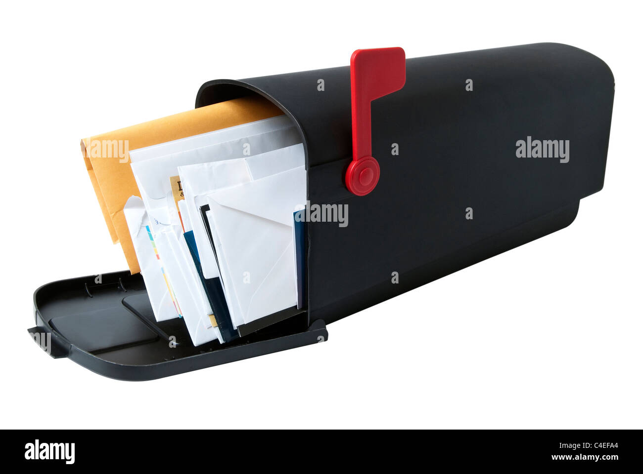 American-style mailbox full with letters and miscellaneous mail, flag raised. Stock Photo