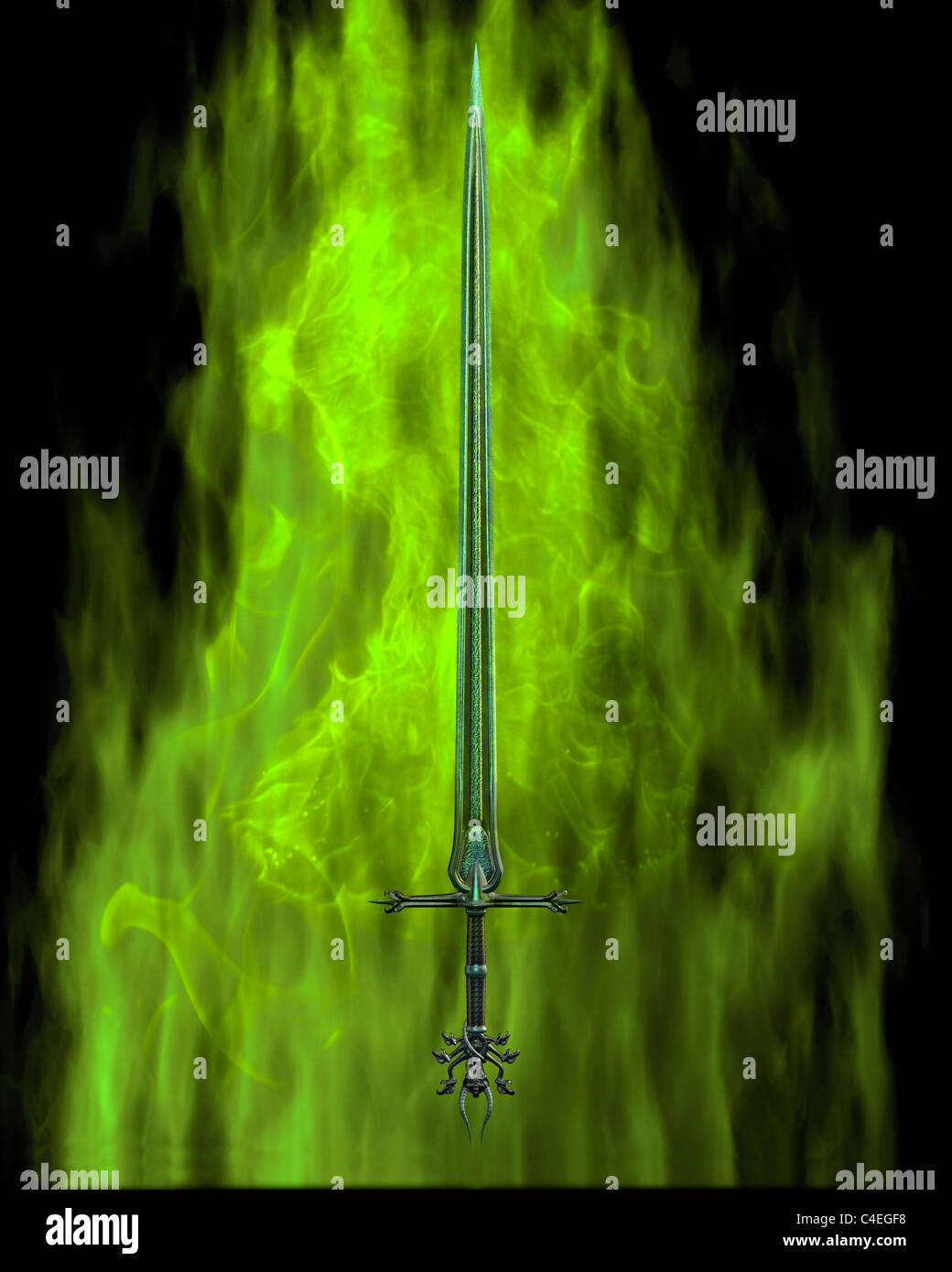 Flaming Sword - green fire Stock Photo