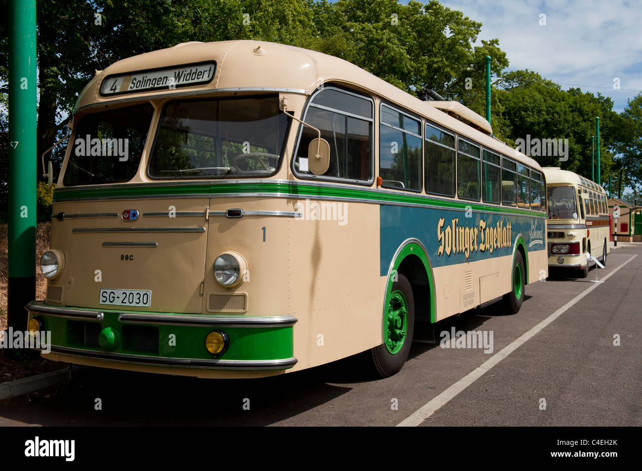 Old electric cable bus at exhibition for vintage transport UK vintage transport Stock Photo