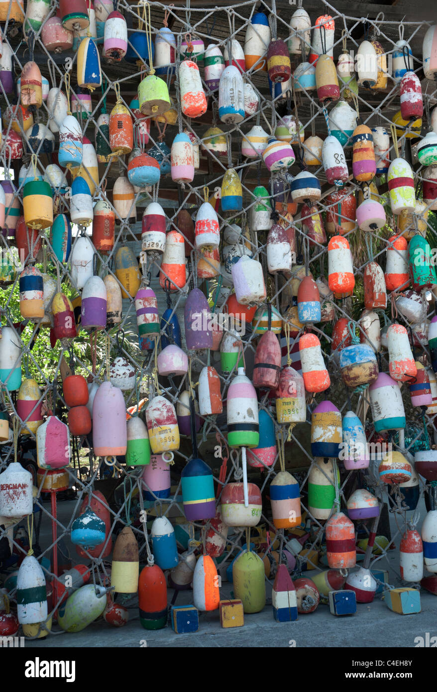 Fishing floats, markers and buoys for sale are on display at store