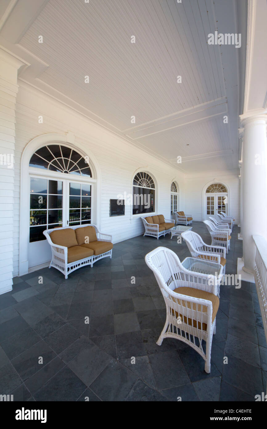 The front porch sitting area in front of the Stanley Hotel in Estes Park, Colorado Stock Photo