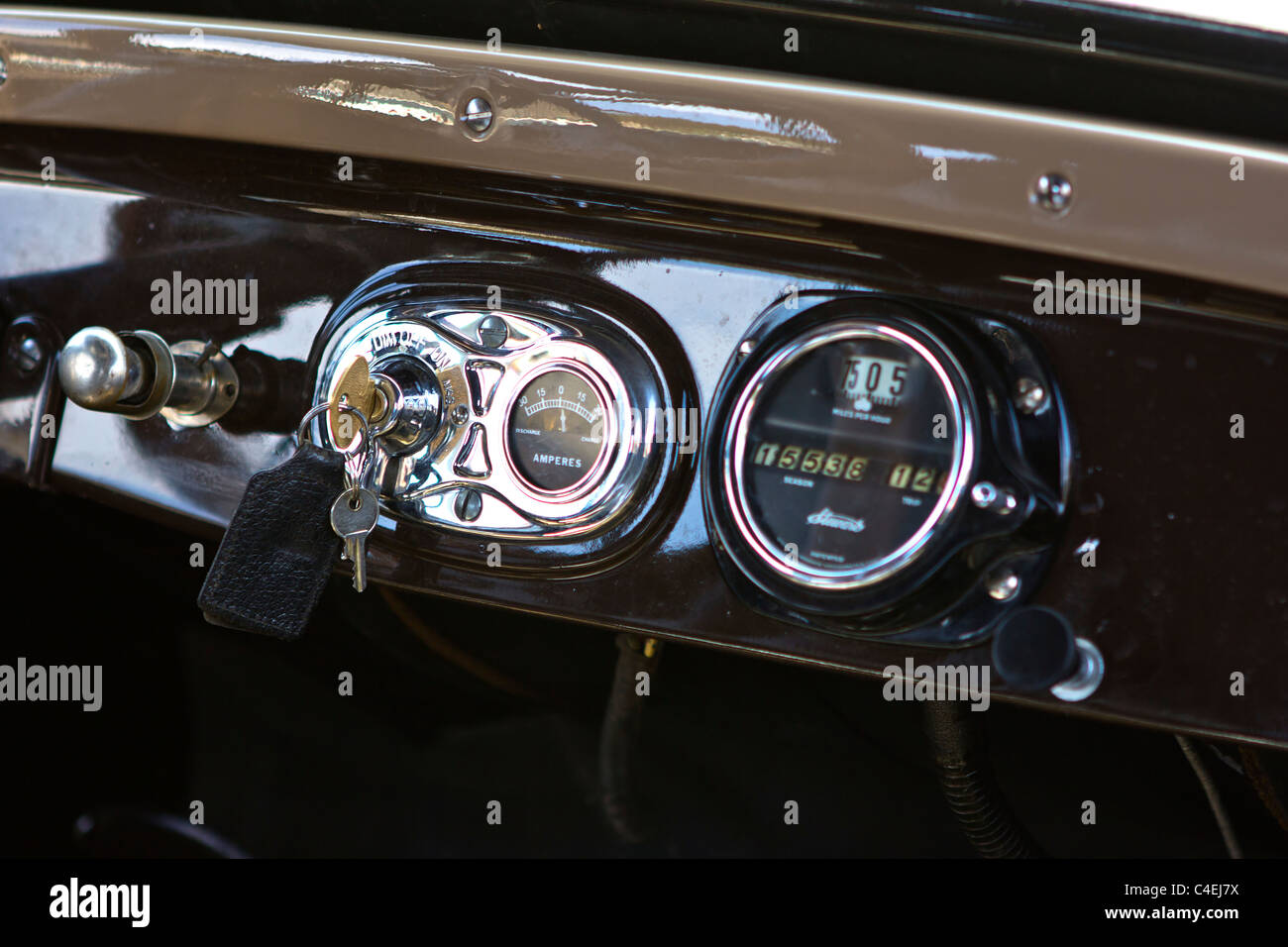 Estes Park, Colorado - The dashboard of a Model A Ford automobile produced between 1927 and 1931. Point of focus is on the keys. Stock Photo