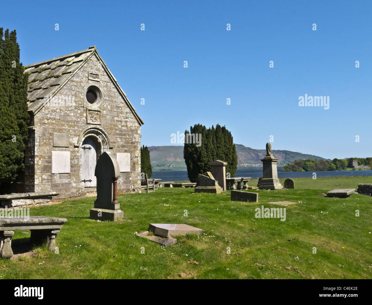 Kinross, Loch Leven, Fife, Scotland - the cemetery in a beautiful lakeside setting. Stock Photo