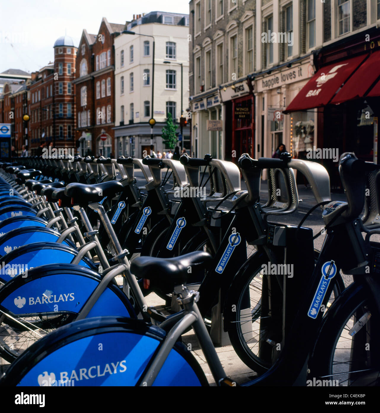Barclays Bank sponsored hire Boris bikes lined up at a docking station on Drury Lane, Covent Garden in London UK KATHY DEWITT Stock Photo