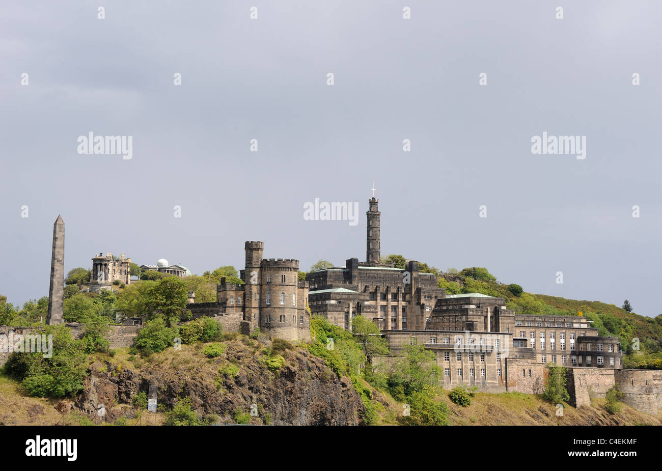 St Andrew's House at Calton Hill Edinburgh. The circular building left of center is the Governor's House and Nelson's Column top Stock Photo