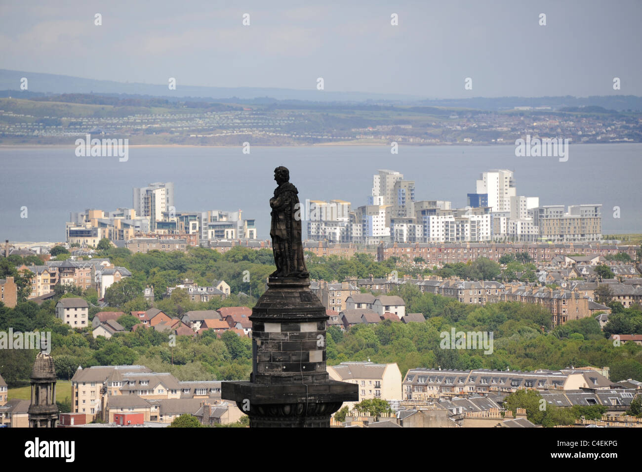 Edinburgh New Town with Henry Dundas Statue on St Andrew's Square and a view north to the Firth of Forth and Fife Stock Photo