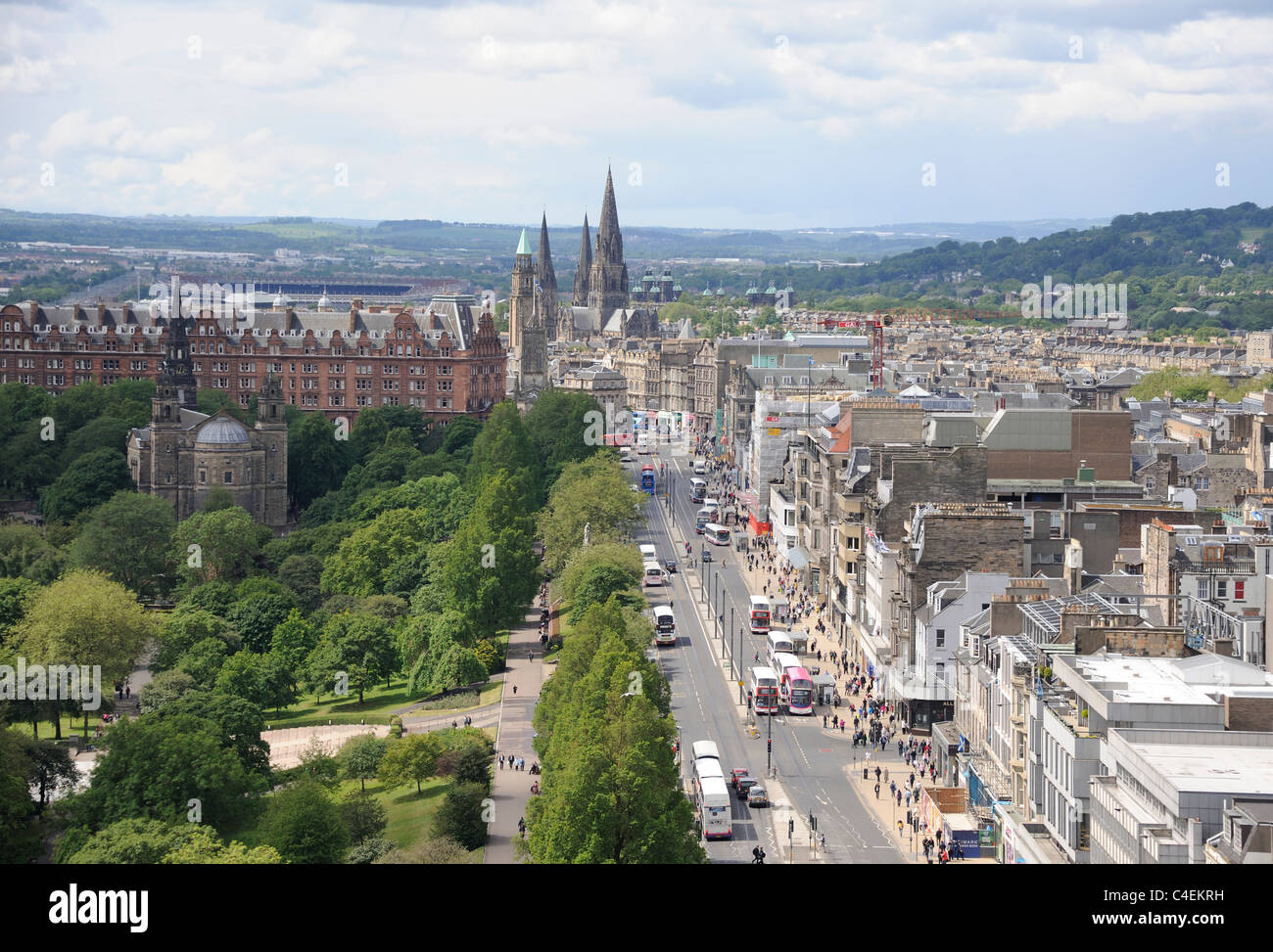 Princes Street, Edinburgh. Looking West from the top of the Scott Monument. To the left are Princes Street Gardens. Stock Photo