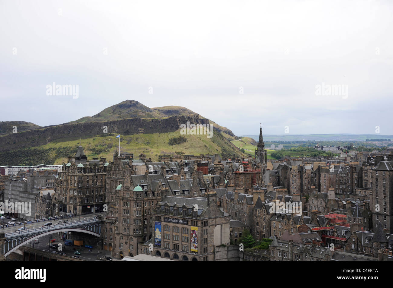 A view of Edinburgh's Oldtown on the Southside of the city with Arthur's Seat and Salisbury Crags in the distance Stock Photo