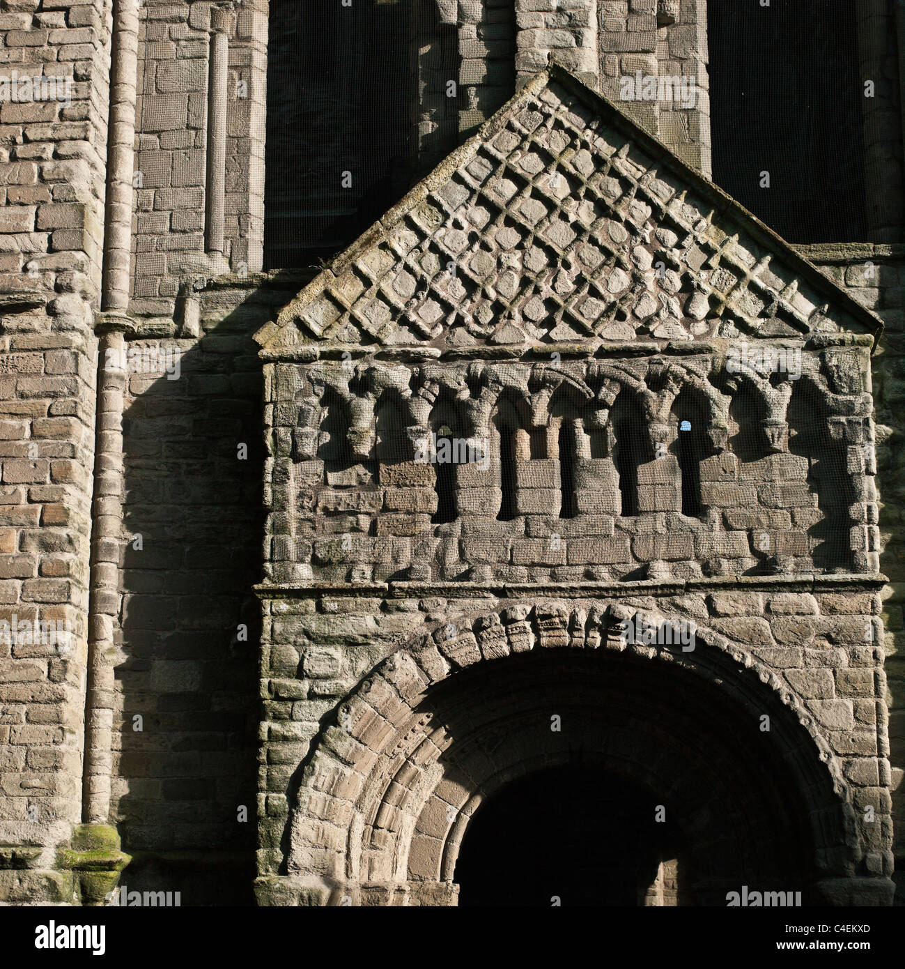 Kelso, Scotland - detail of the Abbey. Latticework pattern above the North door. Stock Photo