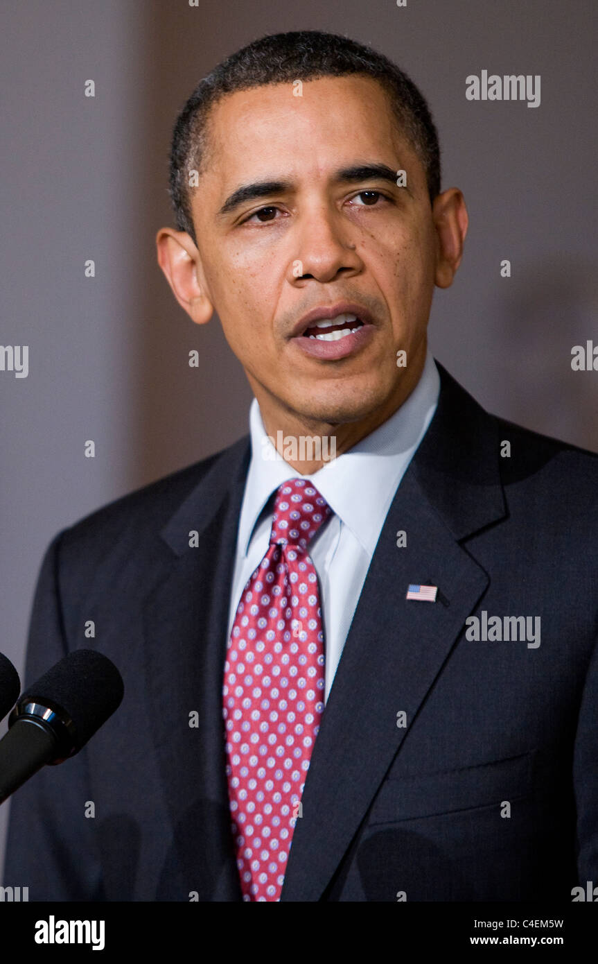 President Barack Obama delivers remarks on the unrest in Egypt.  Stock Photo