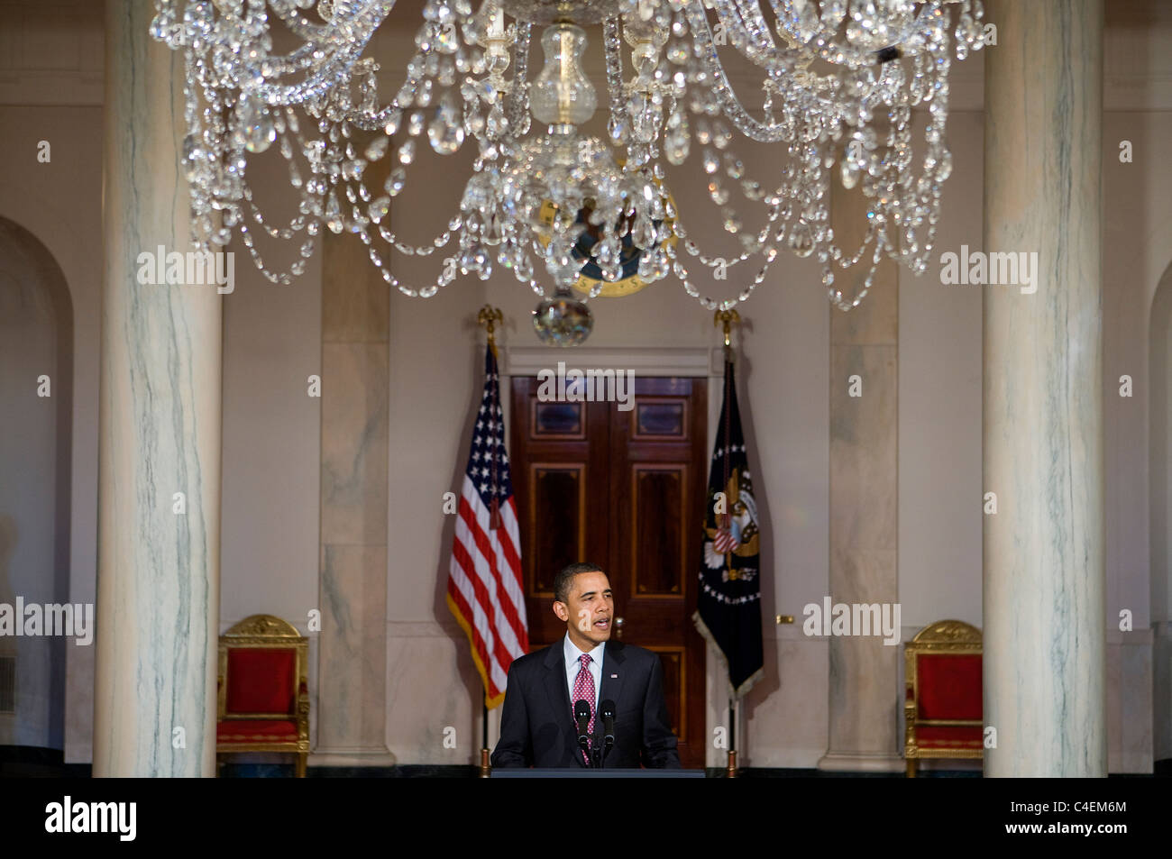 President Barack Obama delivers remarks on the unrest in Egypt.  Stock Photo