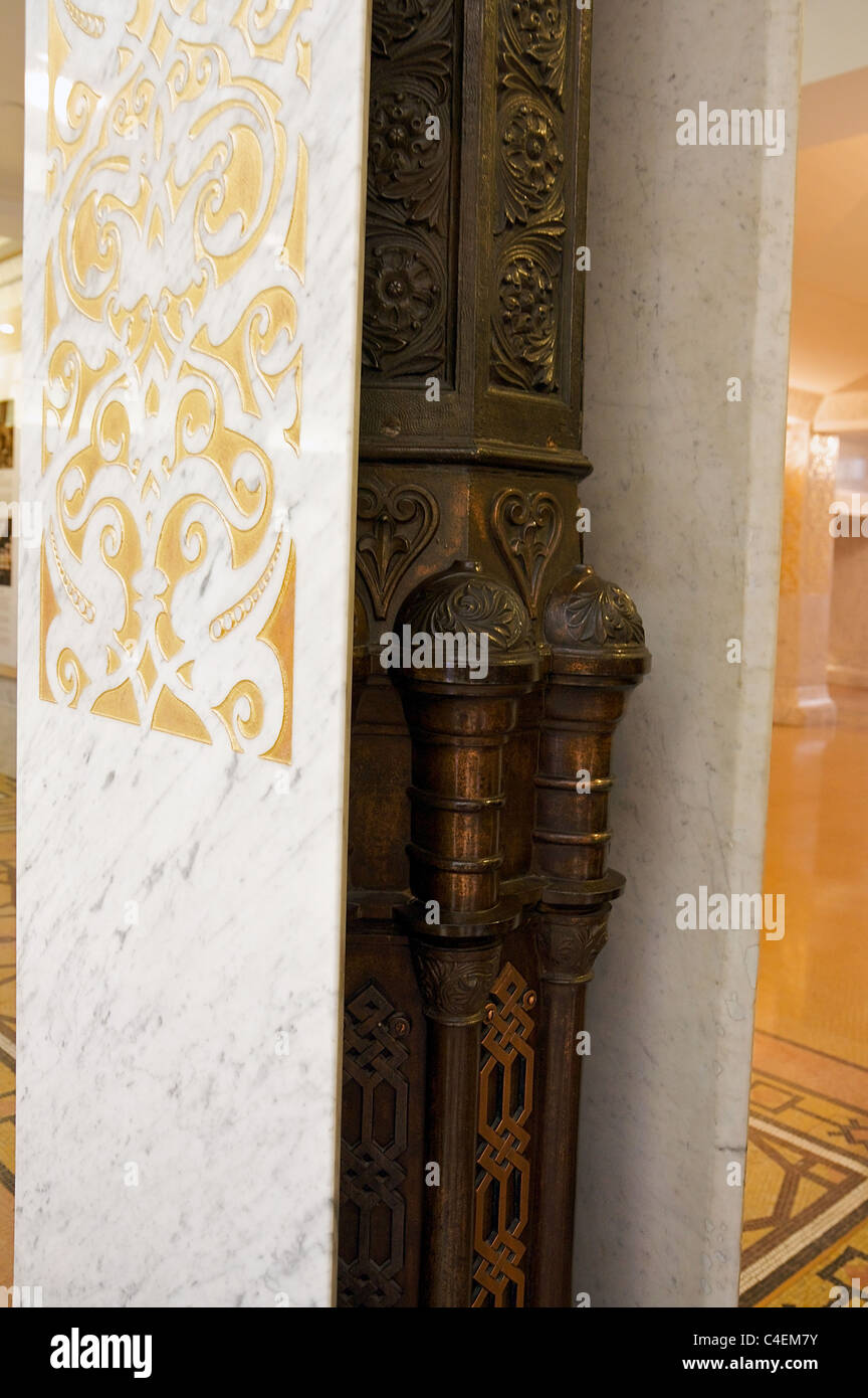 A section of a column displayed inside Chicago's Rookery Building, showing  contrasting styles created in 1888 and in 1905. Stock Photo