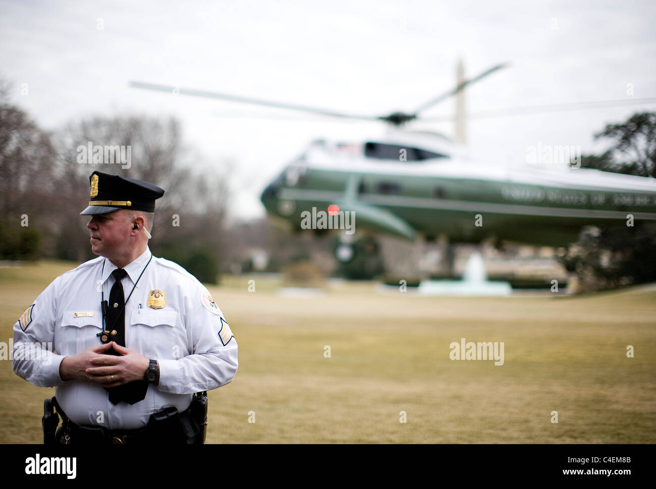 Marine One lands on the South Lawn of the White House. Stock Photo