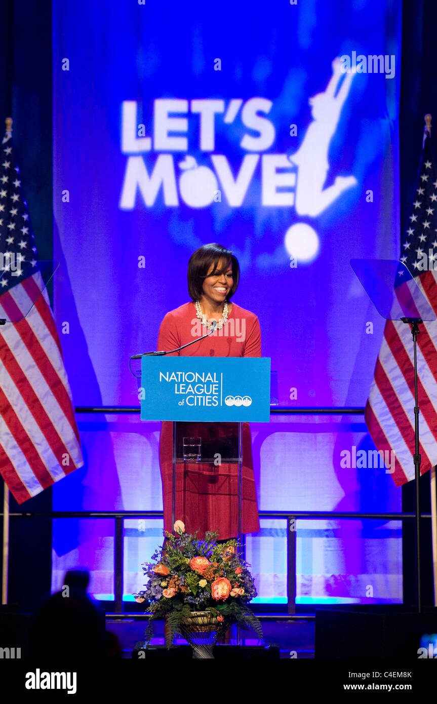 First Lady Michelle Obama speaks about her Let's Move initiative. Stock Photo
